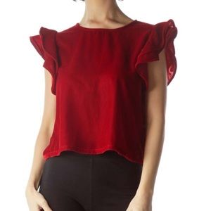 Zara Ruby Red Velvet Ruffle Sleeve Top